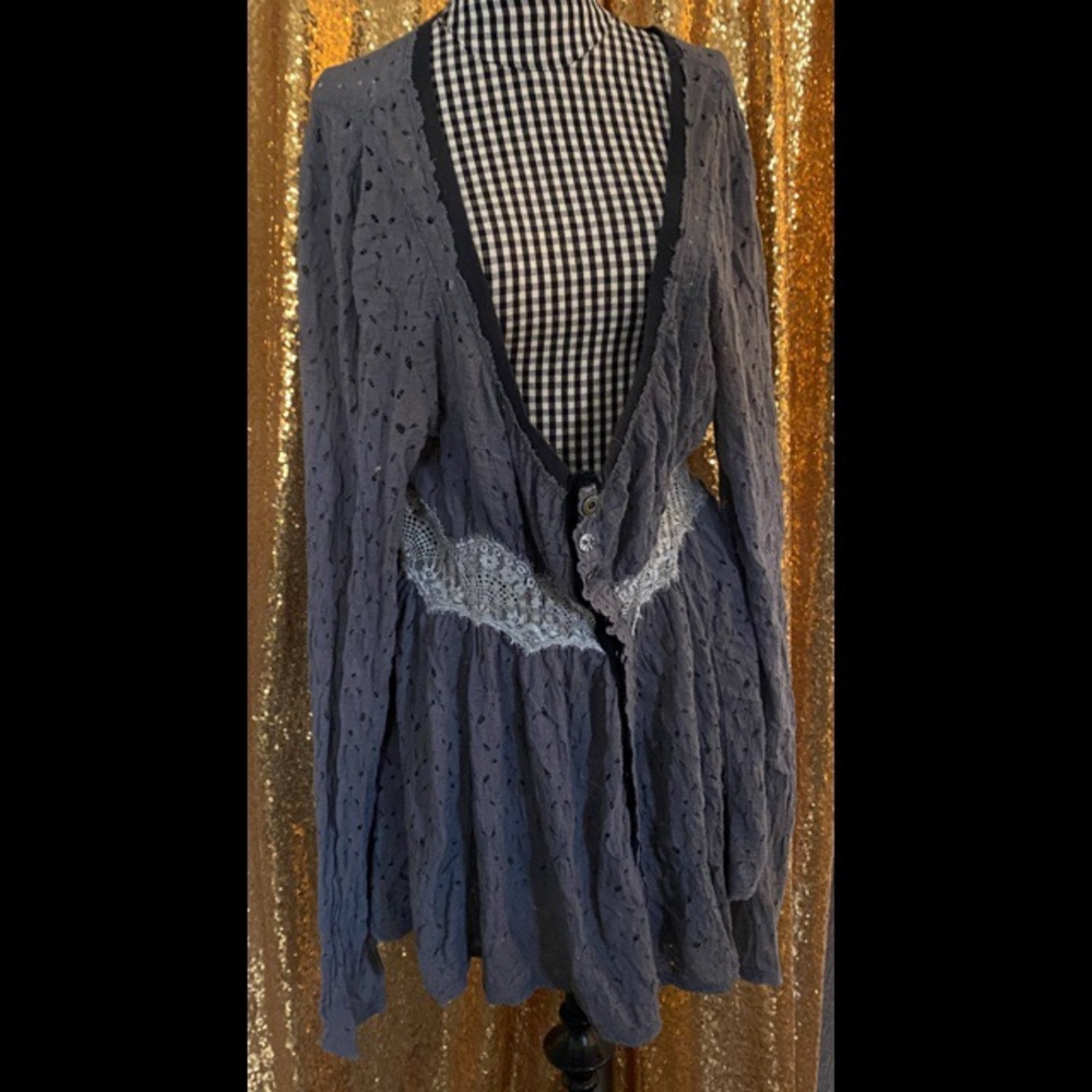 Free People Blue Lace Trim Blouse